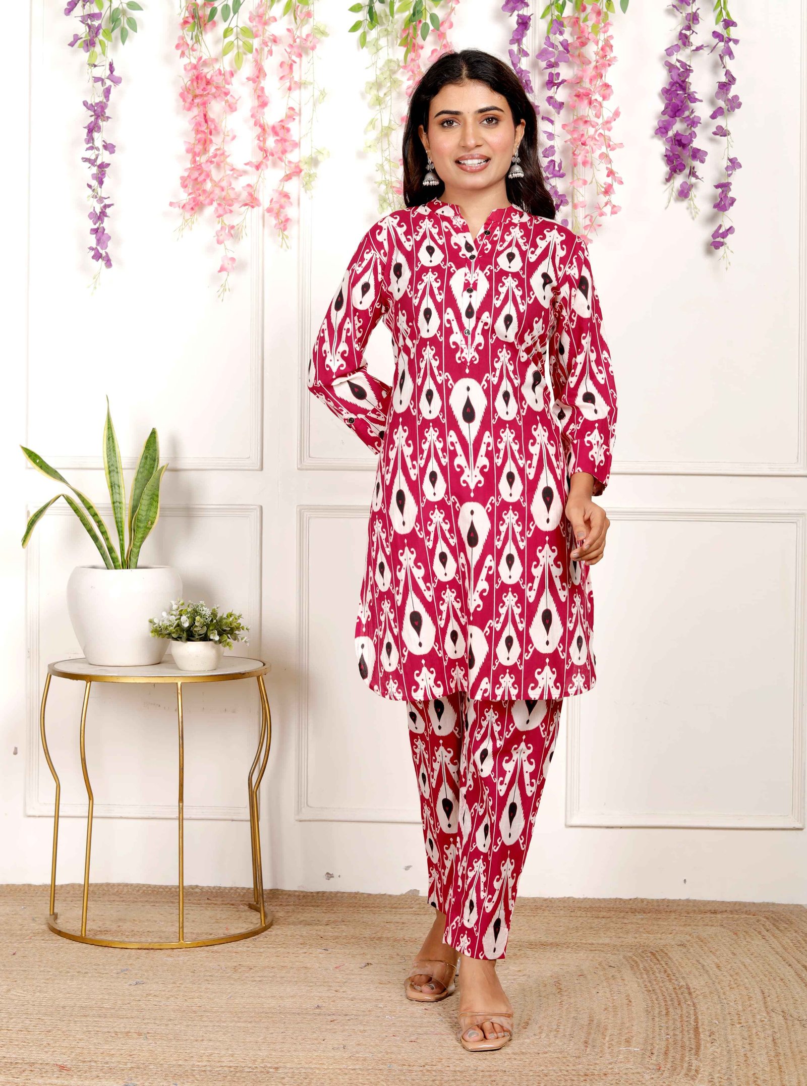 “Pink Ikat Printed Cotton Kurta?Pant Coord Set”